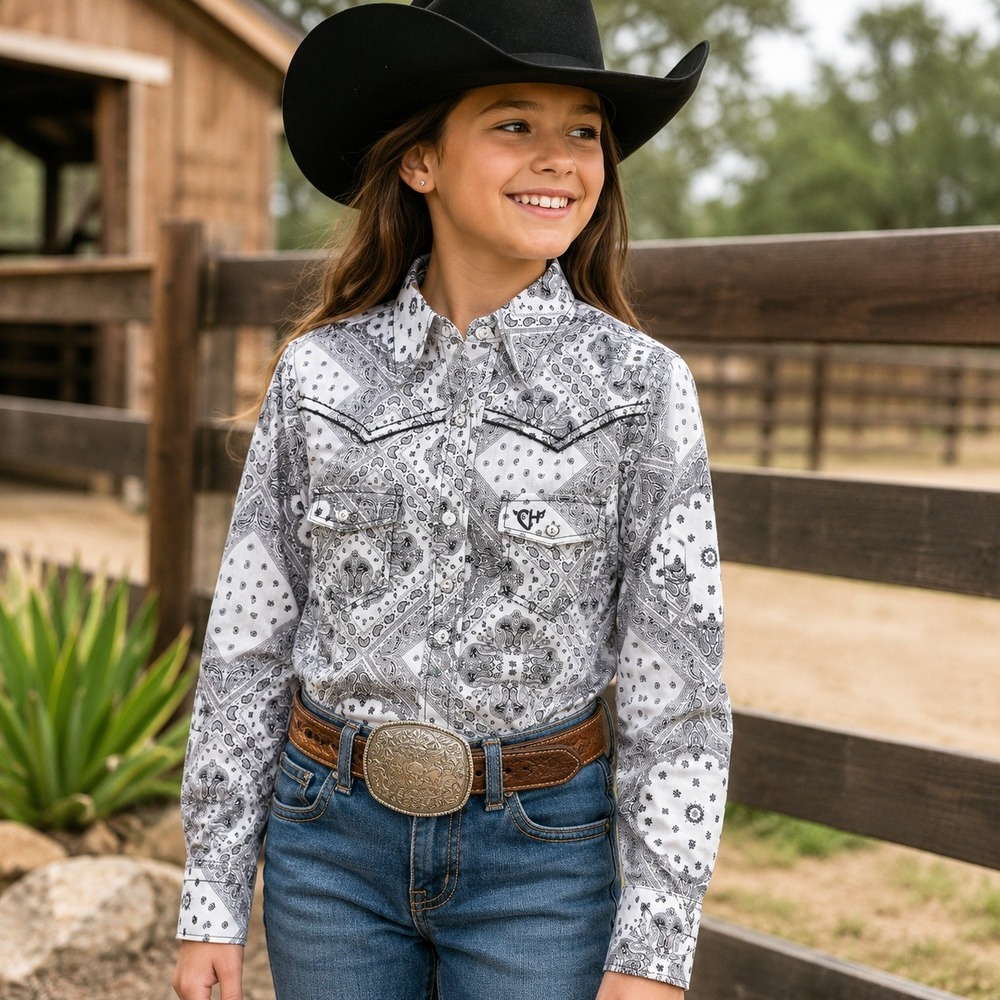 Cowgirl Hardware Girls Western Pearl Snap Shirt White Paisley Size 6 NWT